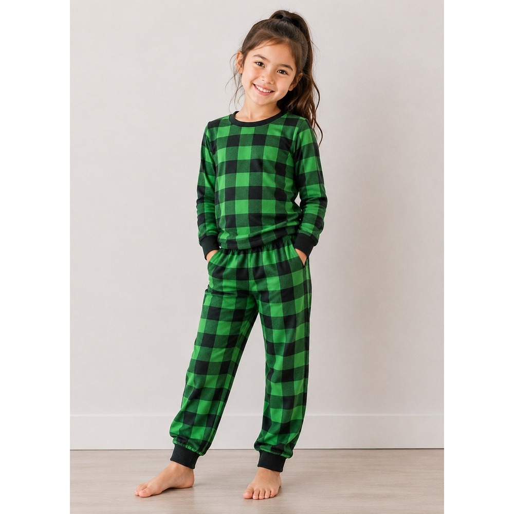 SWOMOG Pajama Set Kids‎ 130 Green Black Buffalo Plaid Long Sleeve Joggers NEW